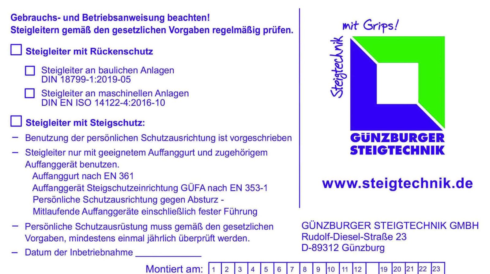 Kennzeichnungsschild für Steigschutzeinrichtung f. Steigschutz