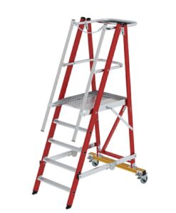 Plattformleiter GFK/Alu klappbar und fahrbar mit GFK-Handlauf