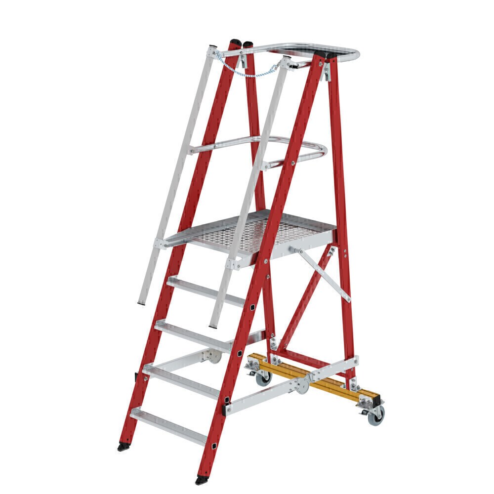 Plattformleiter GFK/Alu klappbar und fahrbar mit GFK-Handlauf